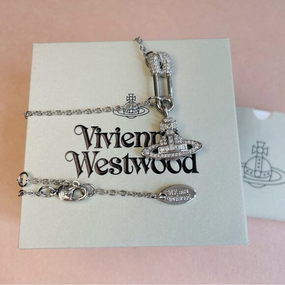 Vivienne Westwood Silver Safety-pin Saturn crystal pave Necklace